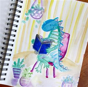Watercolor painting of a dinosaur reading a book