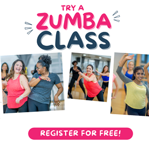 Zumba flyer with 3 photos of women dancing with the title "Try a Zumba Class"