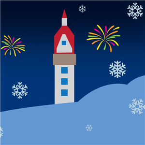 Graphic of Heublein Tower with snowflakes and fireworks