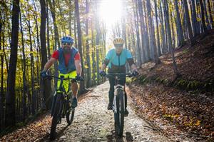man and woman mountain biking on wooded trail