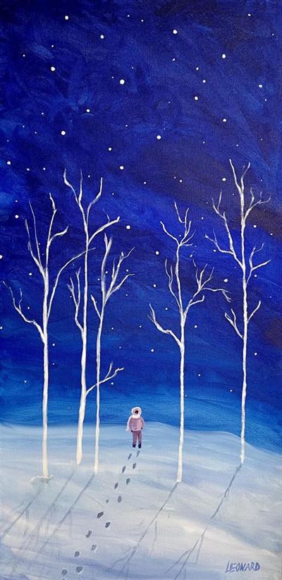 Painting of a girl in snow with white trees around her on a blue background